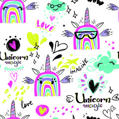 Funny unicorn seamless pattern. Rainbow and hearts repeated print for fashion textile, childish clothes, wrapping paper.