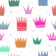 Colorful crowns seamless pattern. Tiaras repeated print. Girlish repeat ornament for fashion textile, clothes, wrapping paper. Princess elements