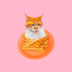 Contemporary art funny collage. Cute cat waffle. Minimal