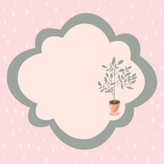 Vintage frame for text with dotted blue square background. Speech bubble stock illustration. Square format. Cute mandarin tree in a clay pot. Delicate shades. For notebook, diary, stickers, pages