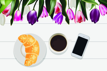  Flowers tulips coffee and delicious croissant