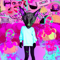 Contemporary art collage. Party Cat chaos psiho vibes