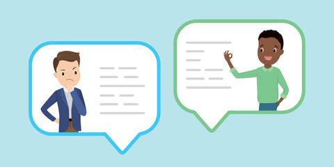 Sad caucasian male and happy african american guy in speech bubble