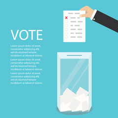 Hand holding ballot page, ballot box and place for text