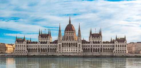 Hungary, Budapest - 13 february 2020: Hungarian Parliament building in Budapest on Danube river full size front view