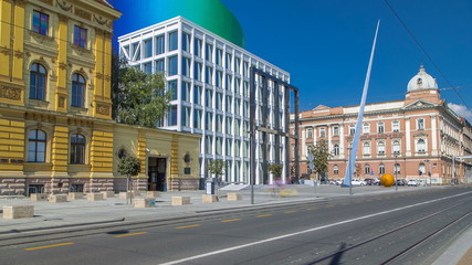 Fototapeta na wymiar New building of Croatian Music Academy timelapse in Zagreb, Croatia.