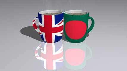 Obraz premium UNITED KINGDOM AND BANGLADESH placed on a cup of hot coffee mirrored on the floor in a 3D illustration with realistic