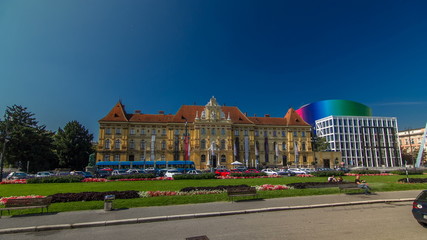 Naklejka premium A view of the Museum of Arts and Crafts timelapse in Zagreb during the day. ZAGREB, CROATIA