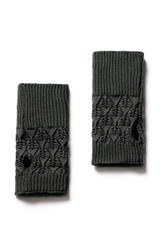 Subject shot of dark gray ribbed mittens with knitted leaves pattern. The pair of fingerless gloves is isolated on the white background.