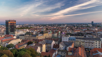 Obraz premium Panorama of the city center timelapse, Zagreb capitol of Croatia, with mail buildings, museums and cathedral in the distance.