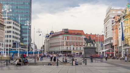 Central city square Trg bana Jelacica timelapse and Ban Jelacic monument in Zagreb, Croatia.