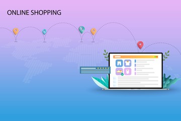 Concept of online shopping, the display of laptop show list of products, description, customer rating and reviews. Map and route of the shipments in pastel background.