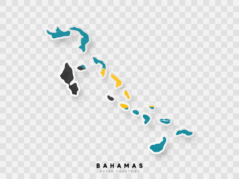 Bahamas detailed map with flag of country. Painted in watercolor paint colors in the national flag.