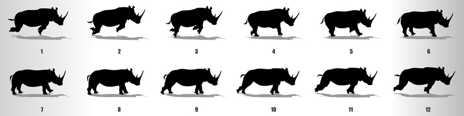 Rinoceros run cycle animation frames silhouette, loop animation sequence sprite sheet  © AryanRaj