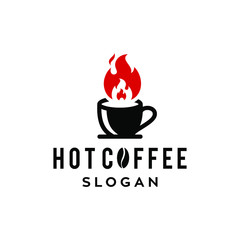 hot coffee shop logo with mug cup and fire flame icon design for cafe or cafetaria in trendy minimal simple style