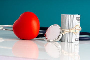 Stethoscope and heart toy with medical concept.