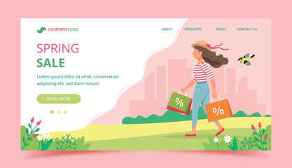 Fototapeta premium Woman with shopping bags, spring sale concept. Landing page template. Cute vector illustration in flat style.