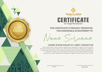 modern certificate template with triangle with halftone on line ornament on pattern background.