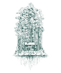 Vector realistic landscape drawing of traditional wooden house in deep forest.