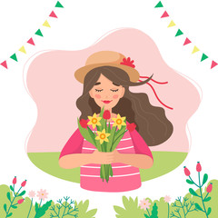 Girl holding flowers in spring. Festive garlands. Cute vector illustration in flat style