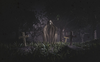 Skeleton with a illuminated skull dressed or death man symbol in a jute sack in a forest cemetery - spooky horror scene