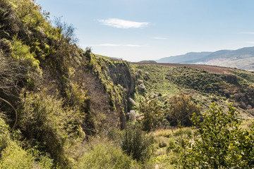 Fototapeta na wymiar Hills overgrown with greenery near the HaTanur waterfall, which is located in the continuation of the rapid, shallow, cold mountain Ayun river in the Galilee in northern Israel