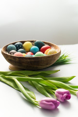 Obraz na płótnie Canvas Colorful Easter eggs in nest, spring flower, tulips and candies on bright background. Easter holiday decorations , Easter concept background.