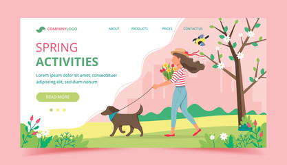 Woman walking dog in spring with flowers. Landing page template. Cute vector illustration in flat style.