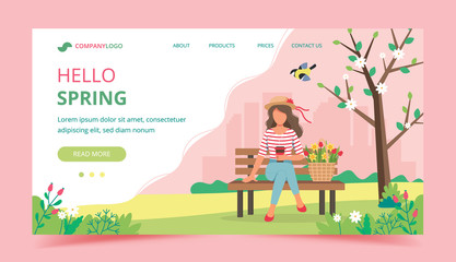 Woman sitting on the bench with spring flowers in basket. Landing page template. Cute vector illustration in flat style.
