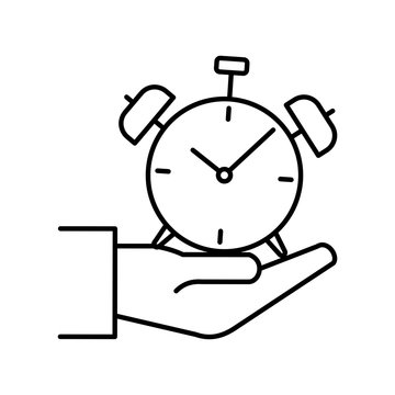 Hand holding an alarm clock. Outline thin line flat illustration. Isolated on white background. 