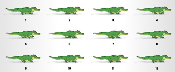 Crocodile walk cycle animation frames, loop animation sequence sprite sheet 
