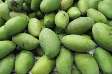 Full frame shot of fresh raw mango for sale in local market. raw mango  background, farmer fruit market.