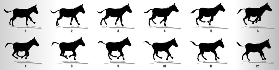 Donkey cycle animation frames silhouette, loop animation sequence sprite sheet 