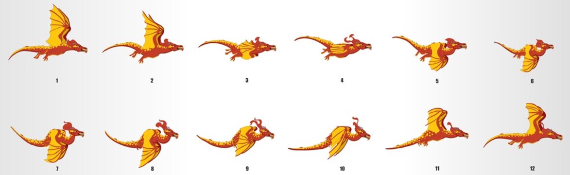 Dragon run cycle animation frames, loop animation sequence sprite sheet 