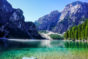 Naklejka na ściany i meble Braies lake in Trentino Alto Adige, Italy, Dolomites in the background