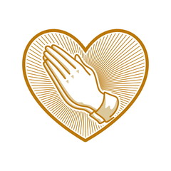 Church logo. Christian symbols. Hands folded in prayer against the background of the heart.