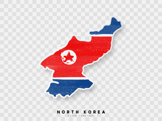 North Korea detailed map with flag of country. Painted in watercolor paint colors in the national flag.