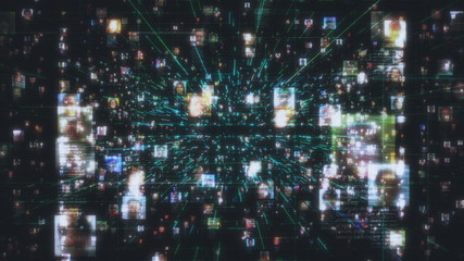 Obraz premium artificial intelligence concept with a social network as a dark stream of unrecognizable people portraits connecting each other in the global web with blue lines on black background, 3d rendering 4K
