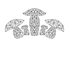 Five mushrooms of different sizes with a symmetrical ornament for coloring.