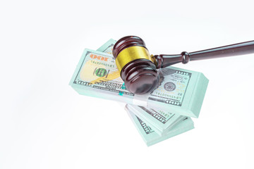 Gavel hammer and banknote with white background