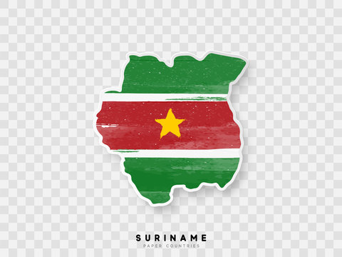 Suriname detailed map with flag of country. Painted in watercolor paint colors in the national flag.