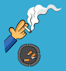 Man smoking cigarette with ashtray and cigarette butts vector illustration.