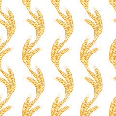 Seamless background, sheaves of golden wheat spike ear. Vector illustration cartoon flat icon isolated on white.