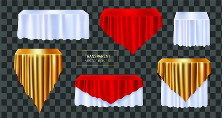 Vector realistic box covered with red silk cloth isolated on transparent background. Podium, stand with tablecloth for award ceremony. Sale illustration hidden under satin fabric with drapery folds