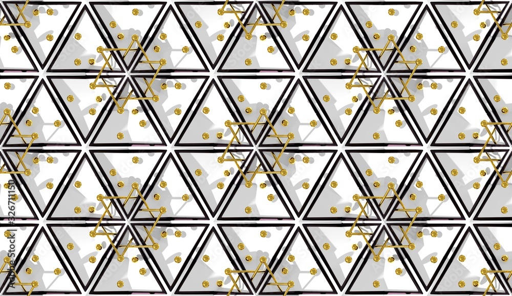 Poster Abstract 3D background with fantasy luxury seamless pattern of black and white triangular polygons and golden spheres. 3D illustration
