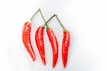Four fresh red peppers are isolated on white background.