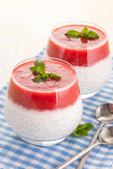 Chia pudding with mashed berry and fresh mint.