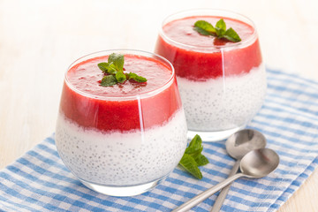 Chia pudding with mashed berry and fresh mint.