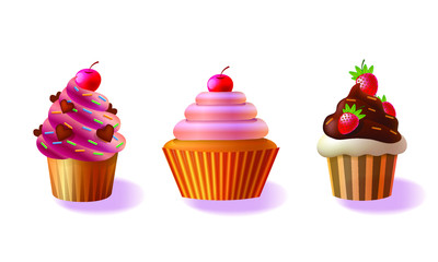 Vector set of cupcakes isolated on white background, decorative cakes, decorated cupcakes illustration,