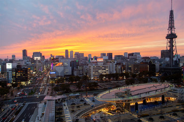 Naklejka na ściany i meble Nagoya downtown cityscape at sunset